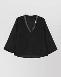 120% Lino - Linen Sequin-Embellished V-Neck Three-Quarter Sleeve Blouse - Lyst