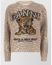 Ganni - Wool Blend Sweater Crew Neck Animal Motif - Lyst
