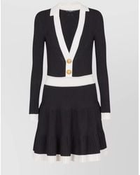 Balmain - Ribbed Knit Two-Tone V-Neck Long-Sleeve Pleated Mini Dress - Lyst