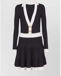Balmain - Two-Tone Ribbed V-Neck Long-Sleeve Flared Knit Mini Dress - Lyst