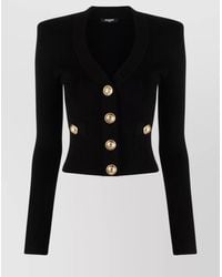 Balmain - Cropped Ribbed Knit Cardigan With Structured Shoulders - Lyst