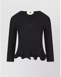 Fendi - Virgin Wool Ribbed V-Neck Long-Sleeve Top - Lyst