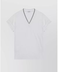 Brunello Cucinelli - Cotton T-Shirt With V-Neck And Contrast Trim - Lyst