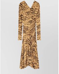Ganni - Printed Asymmetric Long-Sleeve Ruched Midi Dress - Lyst