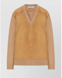 Prada - Cashmere Wool Relaxed-Fit Suede-Panel V-Neck Jumper - Lyst