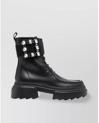 Roger Vivier - Crystal Embellished Leather Lace Up Ankle Boots - Lyst