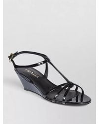 Prada - Patent Sandals Open Toe Strappy Wedge Heel - Lyst