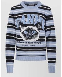 Ganni - Wool Graphic Jacquard Stripe Round Neck Long-Sleeve Jumper - Lyst