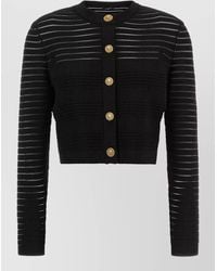 Balmain - Semi-Sheer Striped Cropped Round-Neck Long-Sleeve Cardigan - Lyst