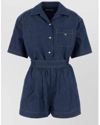 Prada - Chambray Jumpsuit Belted Waist Chest Pocket Short Sleeves - Lyst