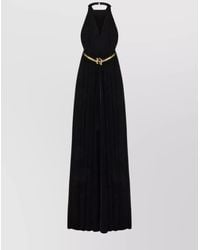 Elisabetta Franchi - Velvet Hooded Deep V-Neck Backless Pleated Maxi Dress - Lyst