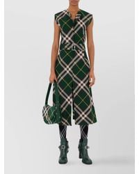 Burberry - Wool V-Neck Sleeveless Belted Check Midi Dress - Lyst