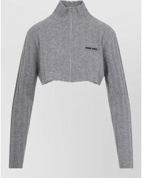 Miu Miu - Cashmere Wool Ribbed Cropped High Neck Cardigan - Lyst