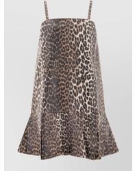 Ganni - Denim Leopard-Print Mini Dress - Lyst