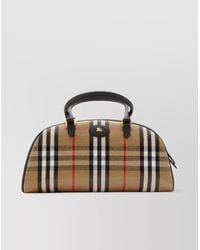 Burberry - Check Pattern Leather Trim Top Handle Bag - Lyst
