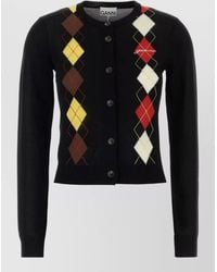 Ganni - Cotton Cardigan Argyle Pattern Ribbed Cuffs Hem - Lyst