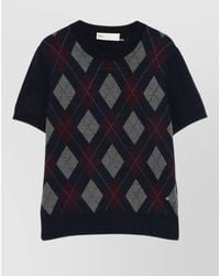 Tory Burch - Wool Argyle Short-Sleeve Crewneck Sweater - Lyst