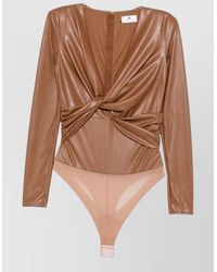 Elisabetta Franchi - Faux Leather Twist-Detail V-Neck Long-Sleeve Bodysuit - Lyst