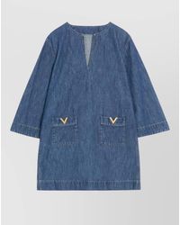 Valentino - Denim V-Neck Three-Quarter Sleeve Mini Dress - Lyst