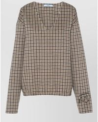 Prada - Checked V-Neck Long-Sleeve Knitted Top - Lyst