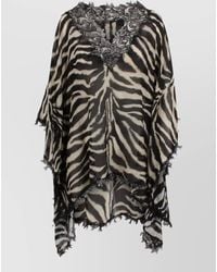 Ermanno Scervino - Silk Zebra-Print Lace-Trim V-Neck Short-Sleeve Asymmetric-Hem Short Kaftan - Lyst