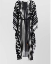 Tory Burch - Silk Striped V-Neck Draped-Sleeve Kaftan Midi Dress - Lyst