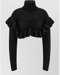 Elisabetta Franchi - Mohair Ribbed Ruffled High Neck Cropped Sweater - Lyst