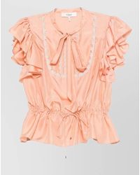 Chloé - Silk Ruffled Lace-Trim Sleeveless Pussy-Bow Peplum Blouse - Lyst