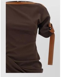 Ferragamo - Leather Trim Asymmetric Draped Boat Neck Midi Dress - Lyst