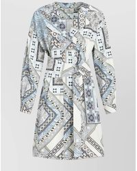 Etro - Cotton Printed Belted Long-Sleeve Knee-Length Dress - Lyst