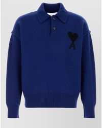 Ami Paris - Long Sleeve Wool Polo Shirt Ribbed Hem - Lyst