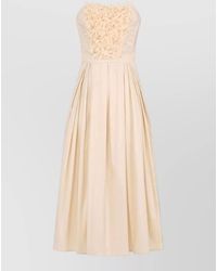 Elisabetta Franchi - Strapless Floral Midi Dress Pleated Skirt - Lyst