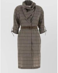 Burberry - Virgin Wool Check Shawl Collar Knee-Length Dress - Lyst