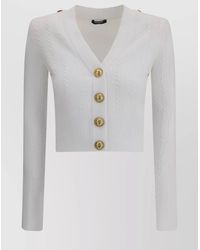 Balmain - V-Neck Cable Knit Cardigan With-Tone Buttons - Lyst