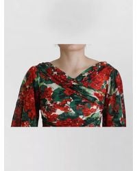 Dolce & Gabbana - Silk Floral-Print Ruched V-Neck Three-Quarter Sleeve Sheath Midi Dress - Lyst