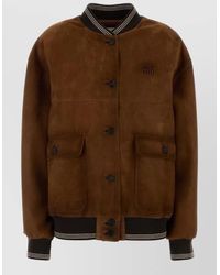 Miu Miu - Suede Bomber Jacket Front Pockets Ribbed Cuffs Hem - Lyst