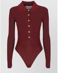 Self-Portrait - Ribbed Bordeaux Collared Neck Long Sleeves Top - Lyst