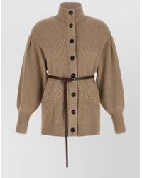 Brunello Cucinelli - Cashmere Wool Silk Ribbed Belted High Neck Cardigan - Lyst