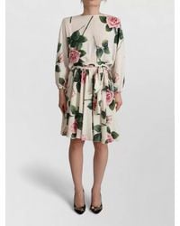 Dolce & Gabbana - Silk Floral-Print Long-Sleeve Knee-Length Dress - Lyst