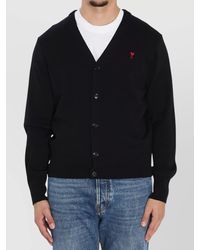 Ami Paris - Merino Wool V-Neck Ribbed Hem Cardigan - Lyst