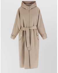 Pinko - Long Hooded Coat Belted Waist Raglan Sleeves - Lyst