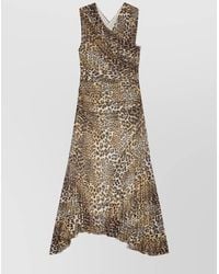 Ganni - Leopard-Print Sleeveless V-Neck Asymmetric Midi Dress - Lyst