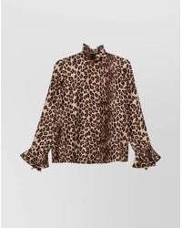 Alberto Biani - Silk Leopard-Print High-Neck Long-Sleeve Blouse - Lyst