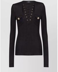 Balmain - V-Neck Lace-Up Long-Sleeve Blouse - Lyst