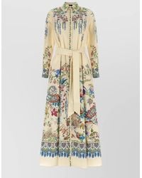 Etro - Cotton Floral-Print Long-Sleeve Belted Shirt Maxi Dress - Lyst