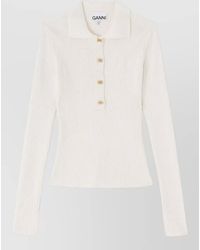 Ganni - Long Sleeve Rib Knit Polo Shirt - Lyst