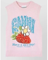 Ganni - Crew Neck Graphic Knit Sleeveless Top - Lyst