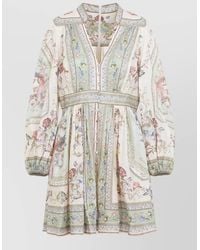 Zimmermann - Linen Floral-Print Plunge Long-Sleeve Mini Dress - Lyst