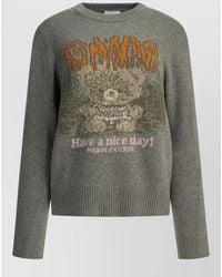 Ganni - Wool Blend Teddy Intarsia Crewneck Sweater - Lyst