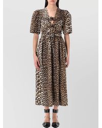 Ganni - Organic Cotton Leopard-Print V-Neck Short-Sleeve Midi Dress - Lyst